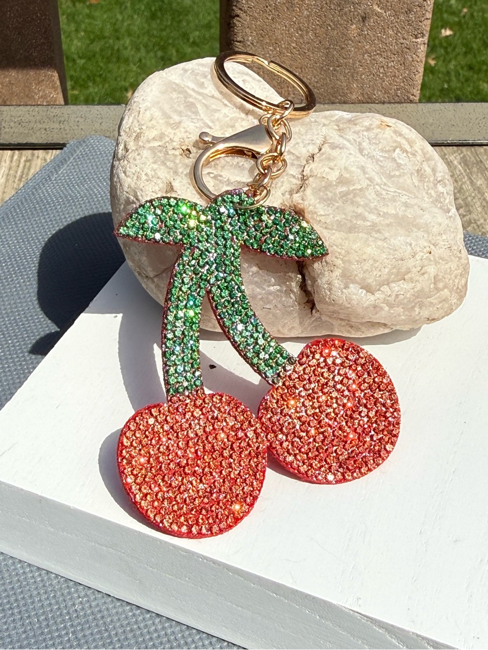 NWT Rhinestone Cherry Keychain - Green Stem, Red Cherries Lightweight - Picture 3 of 5